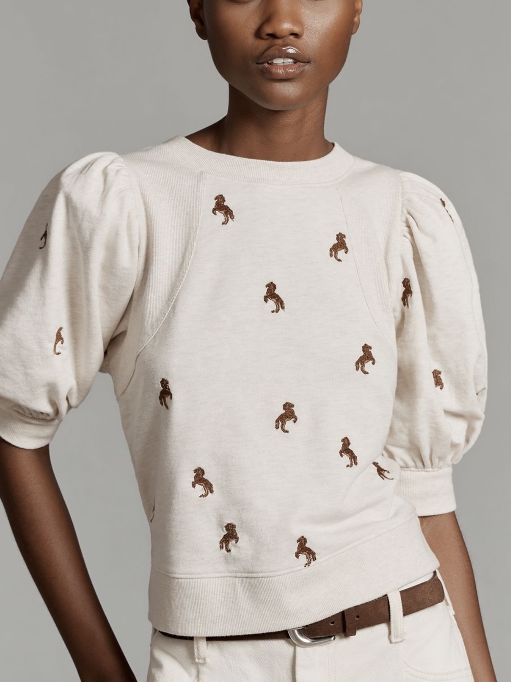 Maeve Cream Puff-Sleeve Sweatshirt with Brown Pony Motif. Size Large.
